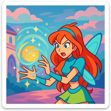 Winx Club Bloom, casting a spell, magical energy, expressive face, fantasy illustration sticker