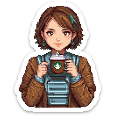 A pixel art girl with brown eyes, short brown hair without bangs, and a septum piercing, holding a coffee cup. sticker