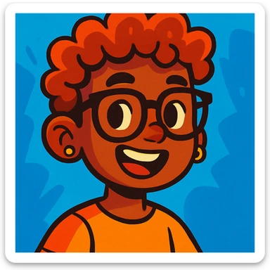 boy with curly hair and brown skin, wearing black glasses and earrings, vibrant cartoon style sticker