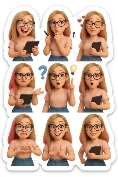 «Создай набор из 12 наклеек в стиле 3D cartoon  женского персонажа (30 лет выглядит моложе)  с прямыми светло русыми волосами до лопаток, яркие розовые пряди в волосах), светлой кожей, большими выразительными голубыми глазами, черные очки для зрения формы кошачий глаз, нос чуть с горбинкой.
Персонаж должен носить пастельную розово-бежевую тай дай футболку, голубые джинсы фасона мом, персонаж должен иметь разные выражения: смех до слез, задумчивость, влюбленность (с сердцами вокруг головы), злость с паром из носа, растерянность (со знаком вопроса), наличие идеи (с зажженной лампочкой), плач со слезами из глаз, удивление с открытым ртом, улыбка и  подмигивание, знак мира рукой, создание сердца руками, бегство со всех ног. Размер картинки не ограниченный, чтобы все наклейки вместились без обрезки. Стиль мультяшный  DreamWorks, мягкий свет, прозрачный фон, и добавь персонажу в руки графический планшет следи чтобы выглядело органично, красиво, не нарушая законы природы и физики, можешь добавить в другую руку перо от графического планшета, если это будет позволять смысл стикера» sticker