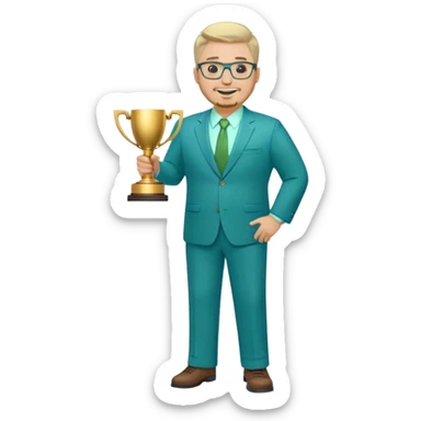 Full Body white male plus size wearing glasses with a goatee with light blonde and gray very short hair happy basketball head Coach in blue and green suit holding trophy sticker