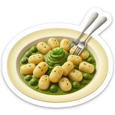 Gnocchi Cinematic Realistic Gnocchi Dish Emoji, depicted as tender oblong potato gnocchi garnished with iconic fork marks on top, rendered with soft textures and warm, inviting lighting. add green  sauce on top sticker