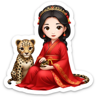 A beautiful girl in red Hanfu wedding dress sits on the ground holding a black leopard sticker