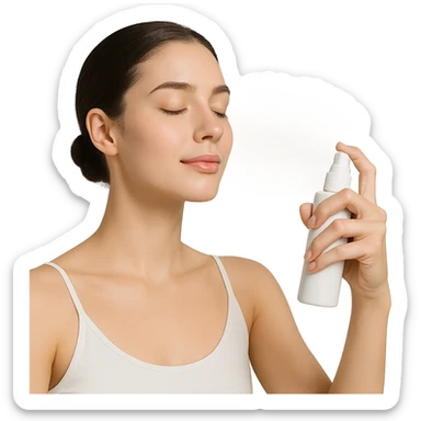 girl spraying face mist, clean and fresh, minimal background, modern style, skincare, beauty sticker