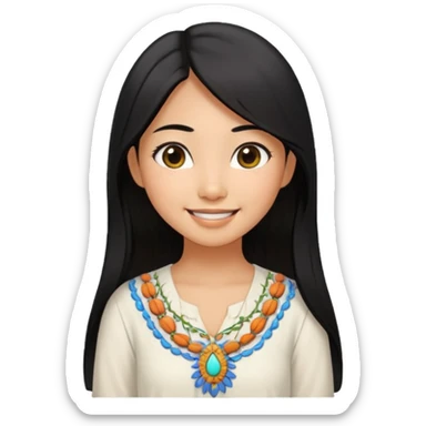 30 yr old asian woman center parted hair big eyes big smile tanned skin straight black hair hippie part hair white blouse sticker