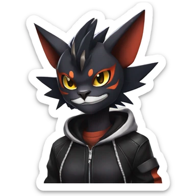 Cool Anthro Black Noivern-Quiana-Litten-Pokémon with edgy stripes hoodie spiked collar punk Full Body sticker