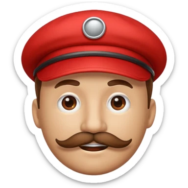 round emoji face with big brown mustache and red cap with white circle emblem, 3D emoji style, 1:1
 sticker