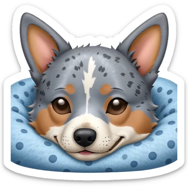 Meme-Worthy Cute Sleeping Blue Speckle Australian Cattle Dog Portrait Emoji, Head resting peacefully with a contented smile, showcasing a robust build and a luxuriously soft blue speckle Fur, eyes shut in a serene nap, Simplified yet hilariously adorable features, highly detailed, glowing with a soft, drowsy light, high shine, relaxed and utterly lovable, stylized with an air of playful laziness, bright and heartwarming, soft glowing outline, capturing the essence of a comically sleepy herder, so meme-worthy it feels like it could instantly become the next viral sensation of adorable slumber! sticker