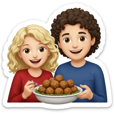 Ragazza bionda leggermente riccia e lunghi che ride ad un ragazzo con i capelli ricci scuri mentre mangia polpette sticker