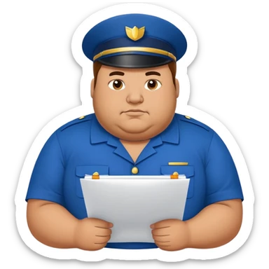 a bit fat bold man in blue uniform drawing a scheme sticker