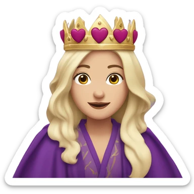 Caucasian long dark haired woman wearing royal purple robes and a crown with five hearts floating around her head sticker