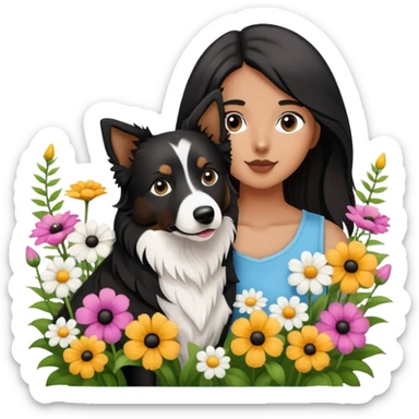A girl is holding a black and white border collie in the flowers sticker