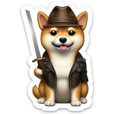 Handsome Shiba Inu dressed as Indiana Jones with a samurai sword  sticker