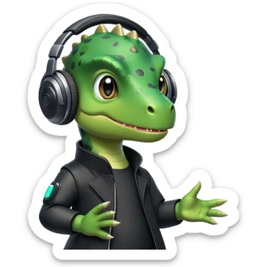 Dinosaurio verde muy tierno músico DJ con ropa negra futurista  sticker