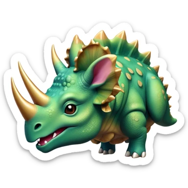 Beautiful and Majestic Triceratops Portrait Emoji, Head and body rendered in serene repose with a gentle, content smile, showcasing a robust, horned form with an intricately frilled head and eyes softly closed in tranquil repose, Simplified yet exquisitely endearing features, highly detailed, glowing with a soft, drowsy prehistoric light, high shine, relaxed and utterly majestic, stylized with an air of ancient splendor, soft glowing outline, capturing the essence of a beautiful and majestic Triceratops that embodies the timeless strength of the ancient world! sticker