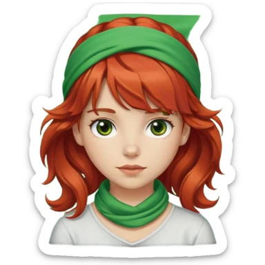 White red-haired girl with wavy hair, brown eyes, bangs, and a green bandana on her head. sticker