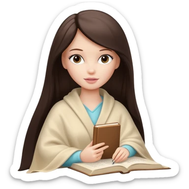 White Barbie girl with a long straight dark brown hair inside a pale beige blanket is writing a book sticker