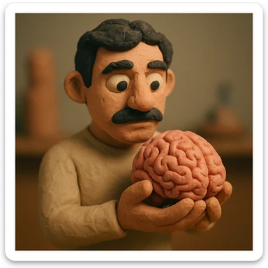 a dark-haired man with a mustache holding a brain, claymation style, soft lighting, visible fingerprints sticker