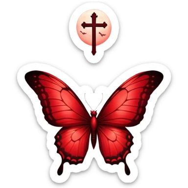 A majestic crimson butterfly with wings in Venetian and rustic red gracefully flutters in the foreground, bathed in a soft, eerie glow. Behind it, Gothic crosses loom in the distance, shrouded in a deep red mist that enhances the melancholic beauty of the scene. sticker