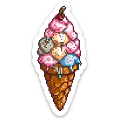 cute pixel art ice cream emoji, light brown cone with diagonal waffle texture, pastel pink scoop with creamy swirl, cherry on top, 16x16 pixel grid, clean and simple, vivid outlines, subtle shadow under scoop, kawaii face with blush and small smile sticker