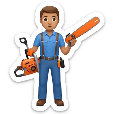A man with a blue shirt and brown pants holds a chainsaw and a shotgun  sticker