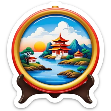 Lacquer miniature icon, detailed painted scene on lacquered object (like a box or plate), intricate brush strokes, vibrant colors, minimalistic style, clean lines, transparent background. sticker