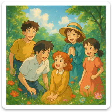 Five friends (three girls, two boys) enjoying a sunny day outdoors, in a Ghibli-style illustration with vibrant nature and a sense of wonder. sticker