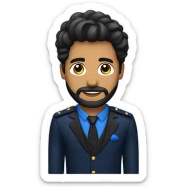 Hombre con cabello y barba negro con traje azul marino camisa negra brazos cruzados sticker