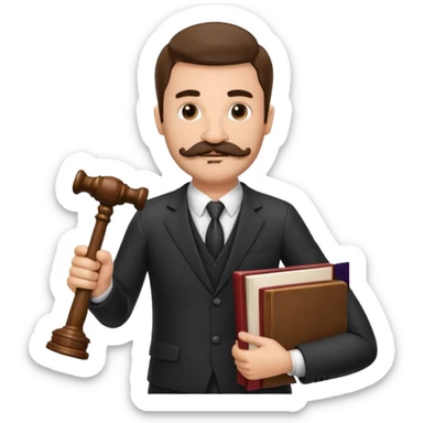 Create a male lawyer. he is wearing a fromal suit jckeret. He is holding a gavel in one hand and a book tucked under his another arm. He has a mustache and BEARD both! sticker