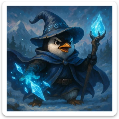 a heroic penguin wizard with a flowing cape and icy magic in a fantasy style sticker