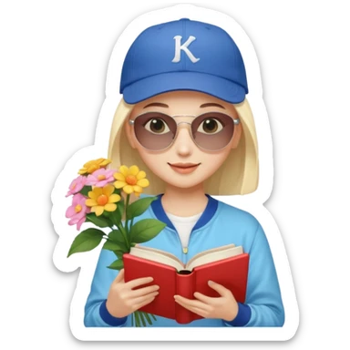 ["A happy girl with light skin, bald, wearing a baseball cap and sunglasses, dressed in K-pop fashion, is reading a book while holding a flower bouquet."] sticker