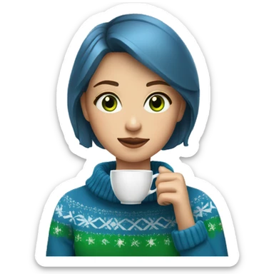 Light brown short haired girl with green eyes drinking coffee wearing blue Christmas sweater sticker