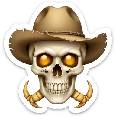 A white skull with an imprint of scorpion on the cheek wearing a tattered cowboy hat sticker
