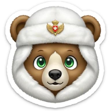 Adorable bear head with big green eyes and soft expression, wearing white fluffy ushanka with detailed Russian emblem in center, iOS emoji style sticker