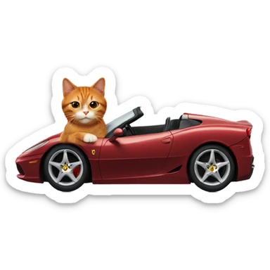 a red-haired cat driving a Ferrari sticker