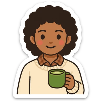 aesthetic black girl with light skin, wearing a cute cream colored sweater with a flannel shirt underneath, holding a matcha in her hand, with cute minimal blush, emoji style sticker