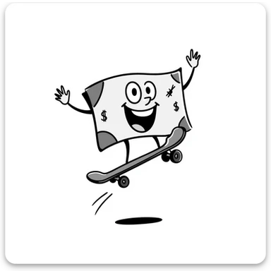 a hand drawn doodle of money riding a skateboard sticker