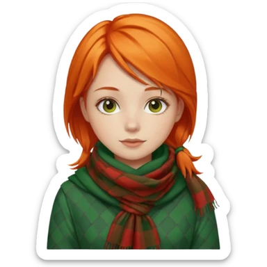 girl orange hair, wear red checkered scarf, green dress sticker