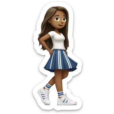 girl with long brown hair and long flowy skirt and sneakers with adodas stripes, from profile,  lifting one leg backward body sticker