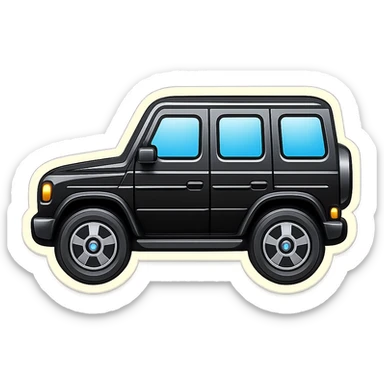 Make this Mercedes G-Class emoji even simpler, closely matching the style of the provided car emoji references: very minimal details, rounded shapes, cartoonish proportions, glossy look, large windows and wheels, and a black body. Side view, no background, no small features or realistic textures. sticker