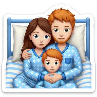 Ginger boy hugging girl with very dark brown hair. Both have blue eyes. They are in bed.  sticker