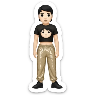 Chino Moreno with black hair, black sequin crop top, beige sequin baggy pants sticker