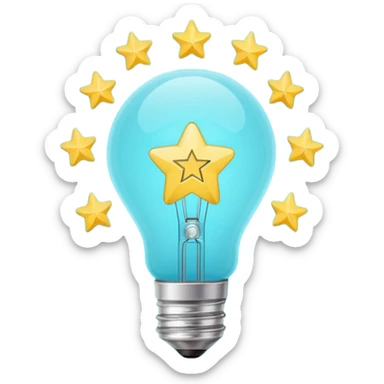 Light bulb icon with three small stars inside the bulb, flat emoji style, outline with blue and turquoise colors, white background sticker