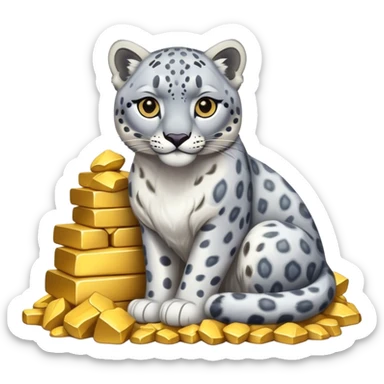 photorealistic snow leopard symbol of Kazakhstan sitting on pile of gold sticker