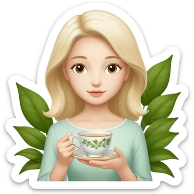 English garden tea time mood, soft afternoon light, porcelain teacup, subtle greenery, minimal premium body lotion, calm and elegant, no face, no text. sticker