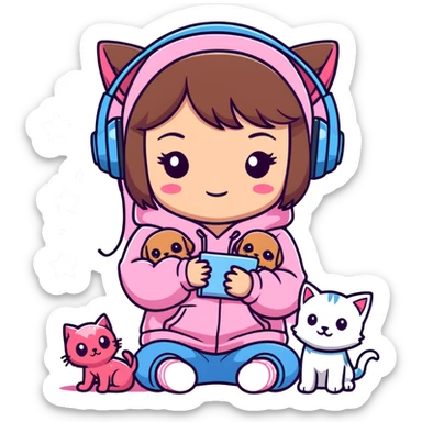 A brown-haired cartoon girl, chibi style, in a pink sparkly hoodie with headphones on, surrounded by hearts, stars, and a puppy and kitten cuddling at her feet. sticker