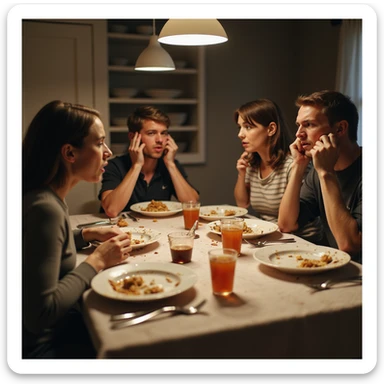Family arguing at the dinner table, angry and frustrated expressions, messy plates and cutlery, domestic environment, hyperrealistic details, 4K resolution sticker