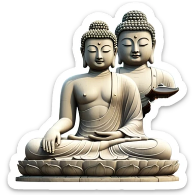 Cinematic Realistic image of the Big Buddha Monument of Sinheungsa Temple, portrayed as a towering, serene Buddha statue carved from weathered stone with intricate details and a gentle meditative expression, set within an ancient temple landscape enveloped in soft, ethereal lighting that underscores its spiritual majesty. sticker