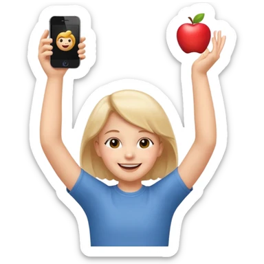 happy child dancing with a phone, arms above head, apple style emoji sticker