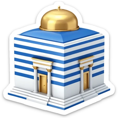 A cubic-shaped temple with smooth, clean edges and blue and white horizontal stripes along the walls. The structure has no pillars or columns. A Polished golden dome sits centered on top of the cube, with a smooth surface and no spiral or finial at its peak. The architectural style is minimalist  sticker